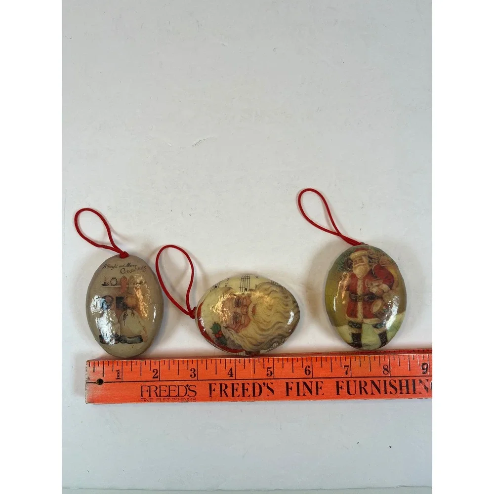 Vintage Paper Mache Santa Claus Christmas Ornaments Set of 3 Victorian Oval